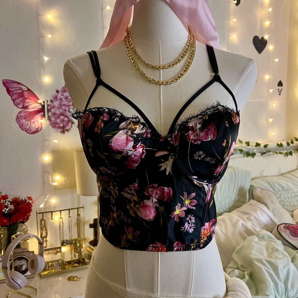 Victoria's Secret Black 34C Floral Lace Corset ❀